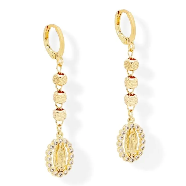 Aretes Largos Virgen María Zirconia Oro Laminado