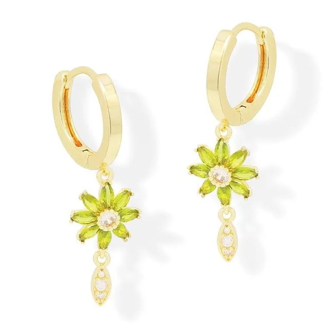 Aretes Largos Flor Verde Zirconia Oro Laminado