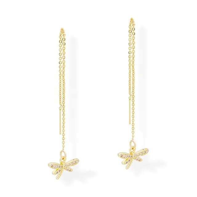 Aretes Largos Libélula Zirconia Oro Laminado