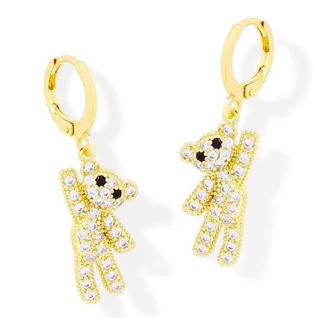 Aretes Oso Corbatín Zirconia Oro Laminado