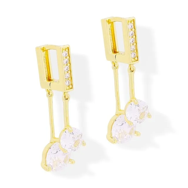 Aretes Cortos de Doble Caída Zirconia en Oro Laminado