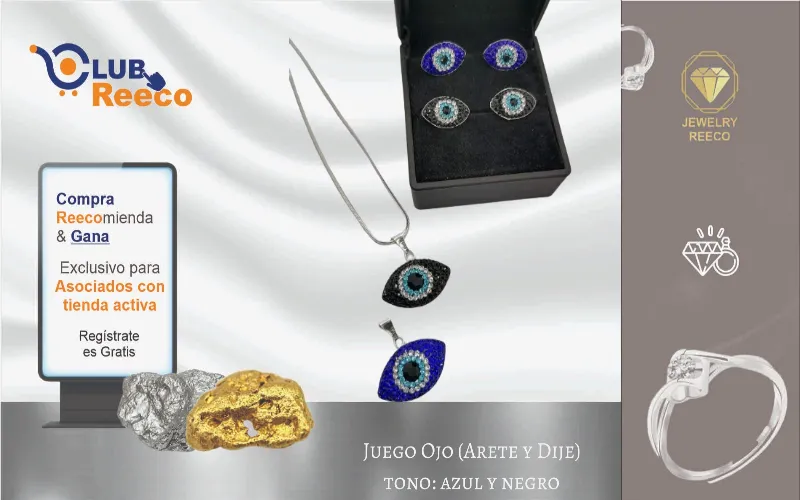 Juego de Ojo. Dije y Aretes en Azul Y Negro
