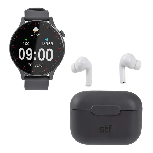 Kit STF Smartwatch Reloj Kronos Sound Pack 1.38 pulg + Audífonos True Wireless Grafito