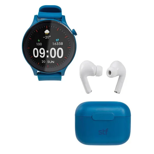 Kit STF Smartwatch Reloj Kronos Sound Pack 1.38 pulg + Audífonos True Wireless Azul