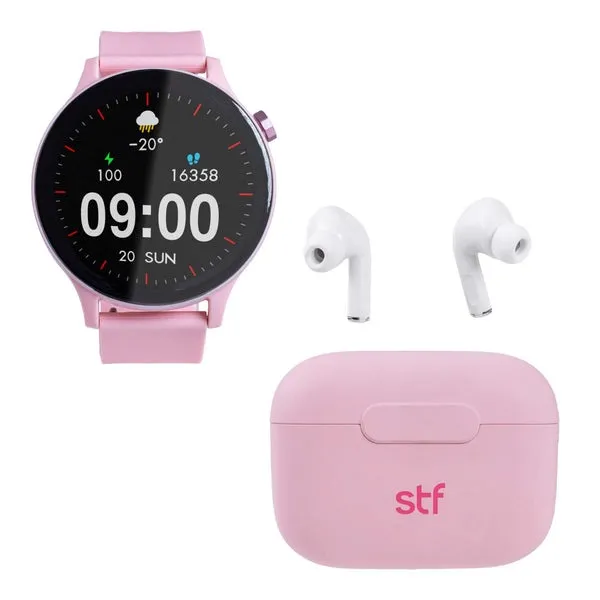 Kit STF Smartwatch Reloj Kronos Sound Pack 1.38 pulg + Audífonos True Wireless Rosa