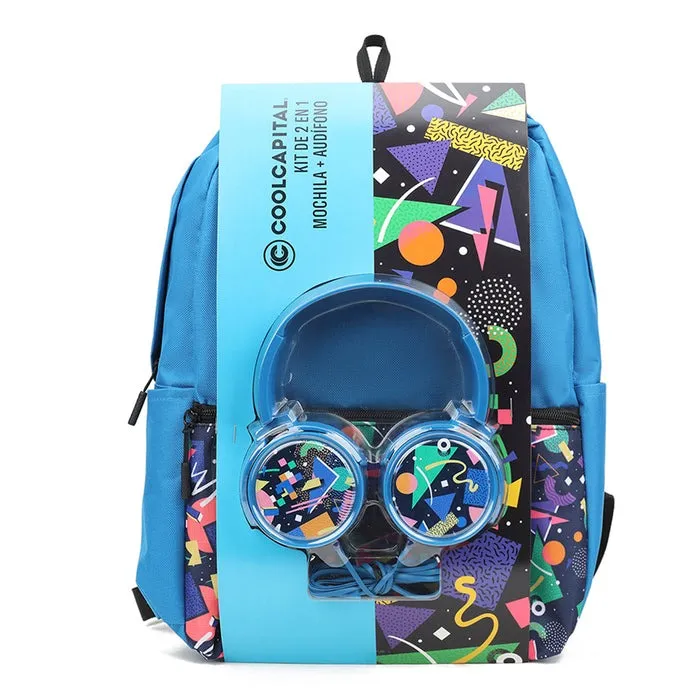 Mochila para laptop + audífonos alámbricos on ear | CoolCapital Blue Retro| 15.6 pulgadas comb